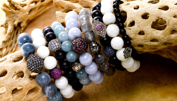 Gemstone bead and diamond bracelets
from left: Blue coral, white Mother of pearl, black onyx, Aquamarine, blue lace agate, gray agate.