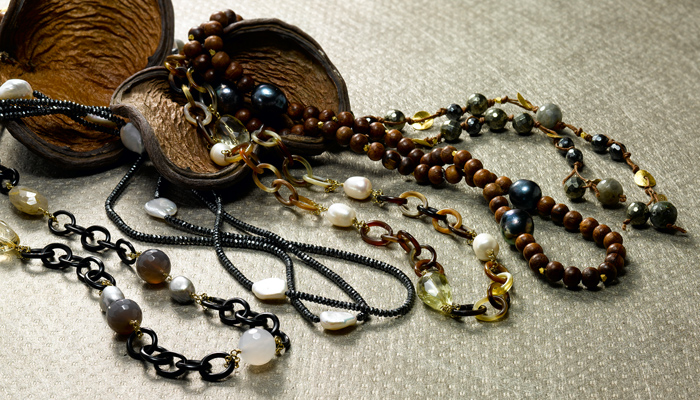 Long necklaces great for layering..wear them long or wrap them a few times. Pieces shown in horn, spinel, wood and hematite with pearl and gemstone accents.