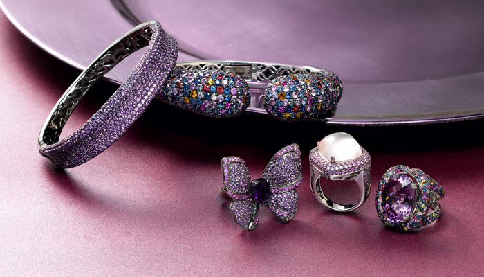 Amethyst and shades of sapphire sparkle in bangles and rings set in sterling silver.